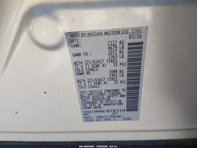 46283490 :رقم المزاد ، 5N1AT2MV9GC828310 vin ، 2016 Nissan Rogue S مزاد بيع