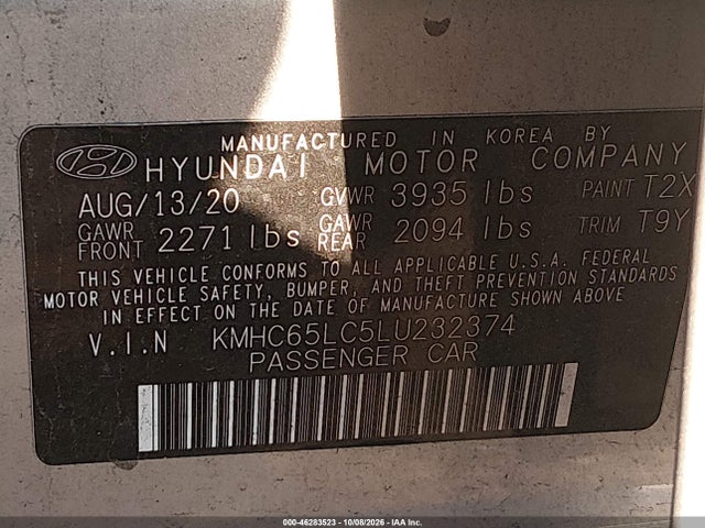 Aukcja sprzedaży 2020 Hyundai Ioniq Hybrid Blue, vin: KMHC65LC5LU232374, numer aukcji: 46283523
