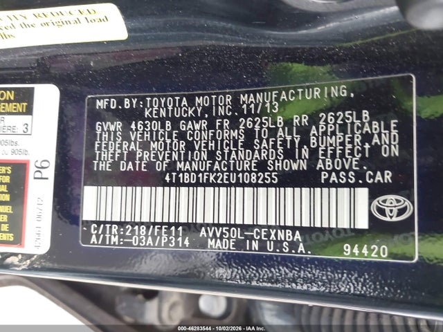 2014 Toyota Camry Hybrid Le მანქანა იყიდება აუქციონზე, vin: 4T1BD1FK2EU108255, აუქციონის ნომერი: 46283544
