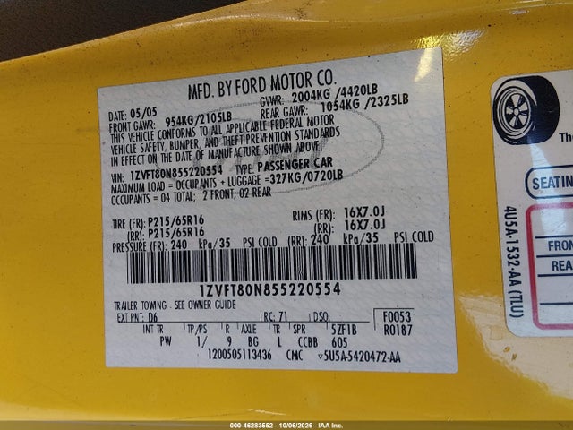 46283552 :رقم المزاد ، 1ZVFT80N855220554 vin ، 2005 Ford Mustang V6 Deluxe/v6 Premium مزاد بيع