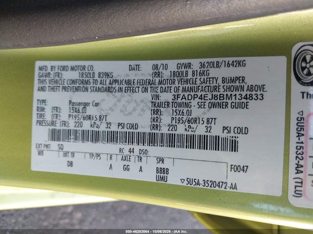 2011 Ford Fiesta Se მანქანა იყიდება აუქციონზე, vin: 3FADP4EJ8BM134833, აუქციონის ნომერი: 46283564