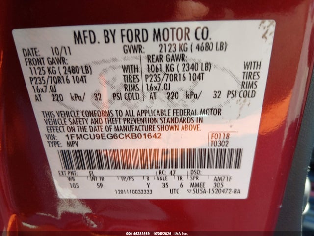 Продаж на аукціоні авто 2012 Ford Escape Limited, vin: 1FMCU9EG6CKB01642, номер лоту: 46283569