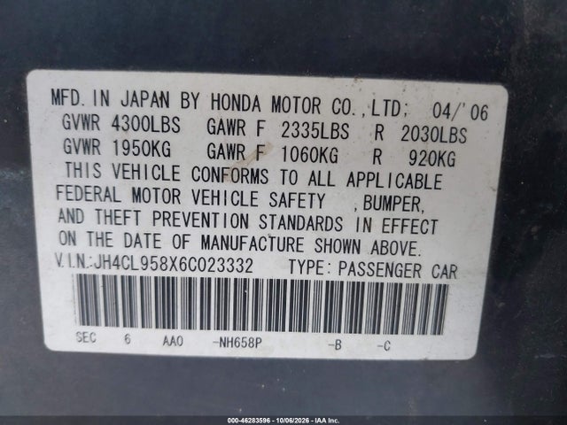 Продаж на аукціоні авто 2006 Acura Tsx, vin: JH4CL958X6C023332, номер лоту: 46283596