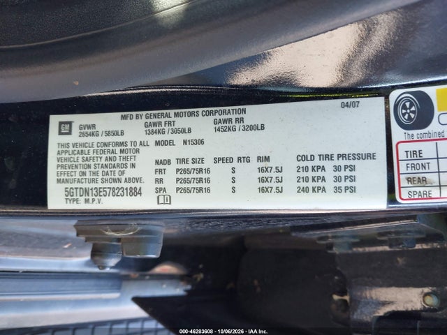 46283608 :رقم المزاد ، 5GTDN13E578231884 vin ، 2007 Hummer H3 Suv مزاد بيع