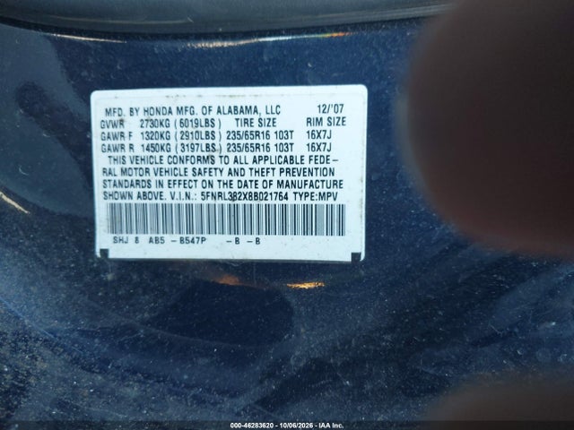 Aukcja sprzedaży 2008 Honda Odyssey Lx, vin: 5FNRL382X8B021764, numer aukcji: 46283620