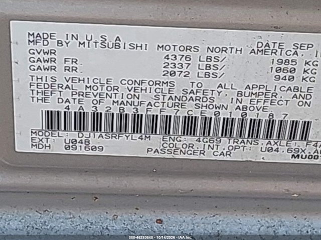 46283648 :رقم المزاد ، 4A32B3FF7CE010187 vin ، 2012 Mitsubishi Galant Es/se مزاد بيع