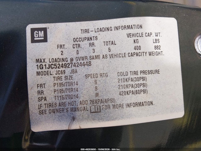 Auction sale of the 2002 Chevrolet Cavalier, vin: 1G1JC524927424448, lot number: 46283650