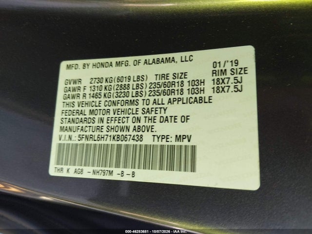 46283681 :رقم المزاد ، 5FNRL6H71KB067438 vin ، 2019 Honda Odyssey Ex-l مزاد بيع
