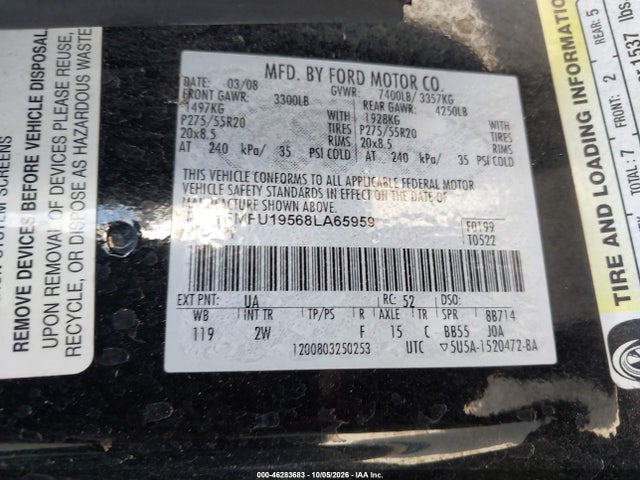 Продажа на аукционе авто 2008 Ford Expedition Limited, vin: 1FMFU19568LA65959, номер лота: 46283683