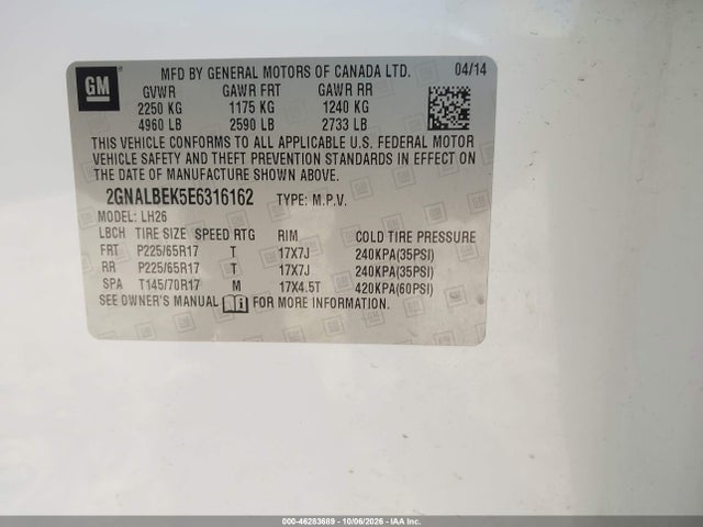 46283689 :رقم المزاد ، 2GNALBEK5E6316162 vin ، 2014 Chevrolet Equinox 1lt مزاد بيع