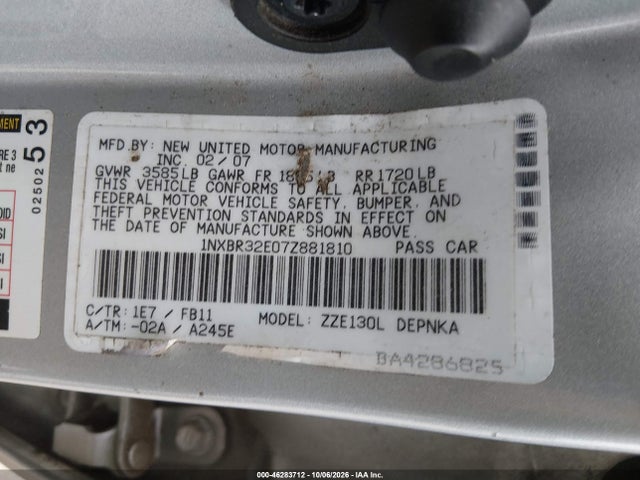 2007 Toyota Corolla Le მანქანა იყიდება აუქციონზე, vin: 1NXBR32E07Z881810, აუქციონის ნომერი: 46283712
