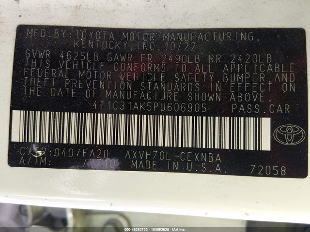 46283722 :رقم المزاد ، 4T1C31AK5PU606905 vin ، 2023 Toyota Camry Le Hybrid مزاد بيع
