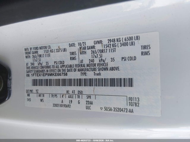 Aukcja sprzedaży 2021 Ford F-150 Xl, vin: 1FTEX1EP9MKE66758, numer aukcji: 46283723