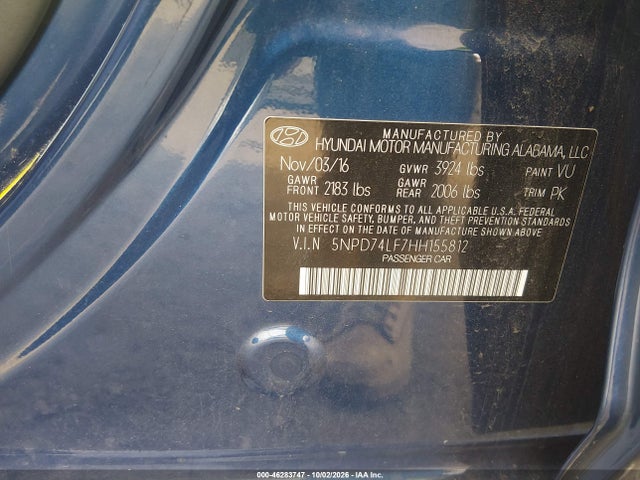 46283747 :رقم المزاد ، 5NPD74LF7HH155812 vin ، 2017 Hyundai Elantra Se مزاد بيع