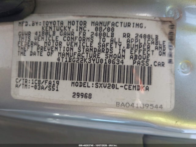 Aukcja sprzedaży 2000 Toyota Camry Ce, vin: 4T1BG22K3YU010634, numer aukcji: 46283748