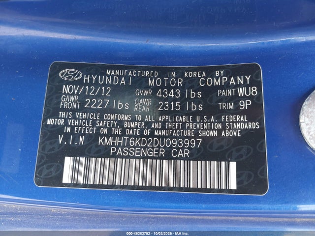 Продажа на аукционе авто 2013 Hyundai Genesis 2.0t, vin: KMHHT6KD2DU093997, номер лота: 46283752