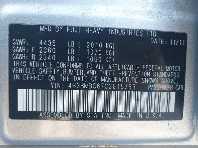 46283757 :رقم المزاد ، 4S3BMBC67C3015753 vin ، 2012 Subaru Legacy 2.5i Premium مزاد بيع
