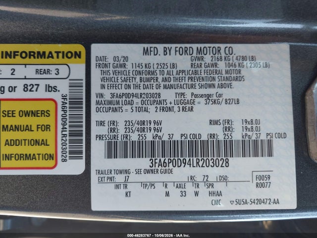 2020 Ford Fusion Titanium მანქანა იყიდება აუქციონზე, vin: 3FA6P0D94LR203028, აუქციონის ნომერი: 46283767