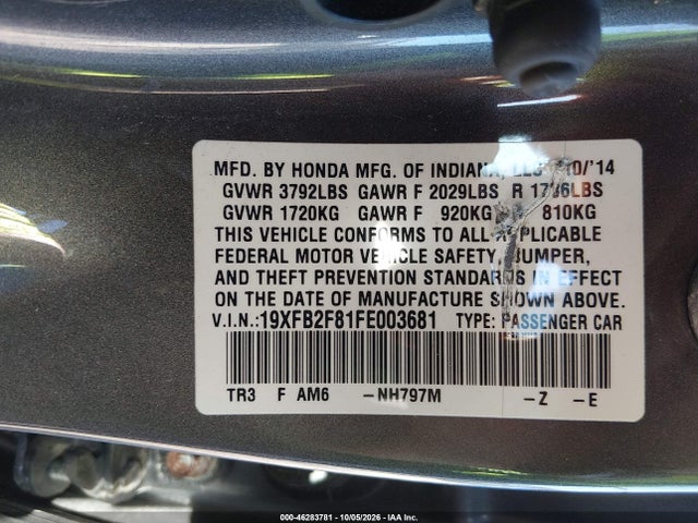 Продаж на аукціоні авто 2015 Honda Civic Ex, vin: 19XFB2F81FE003681, номер лоту: 46283781