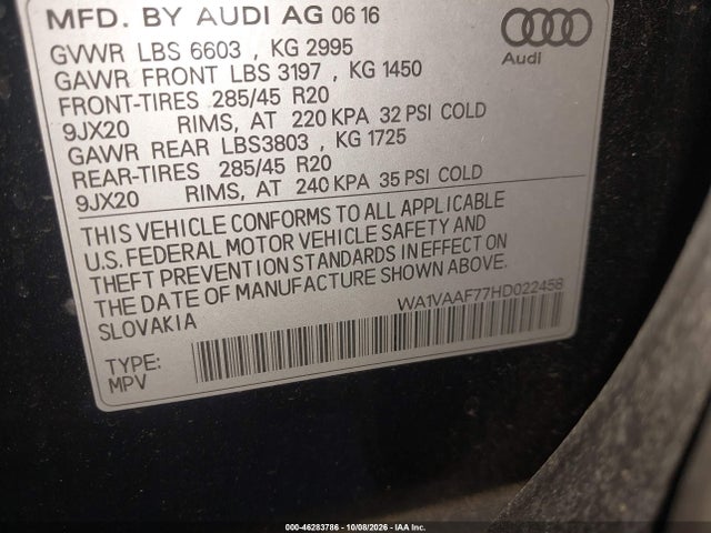 46283786 :رقم المزاد ، WA1VAAF77HD022458 vin ، 2017 Audi Q7 3.0t Premium مزاد بيع