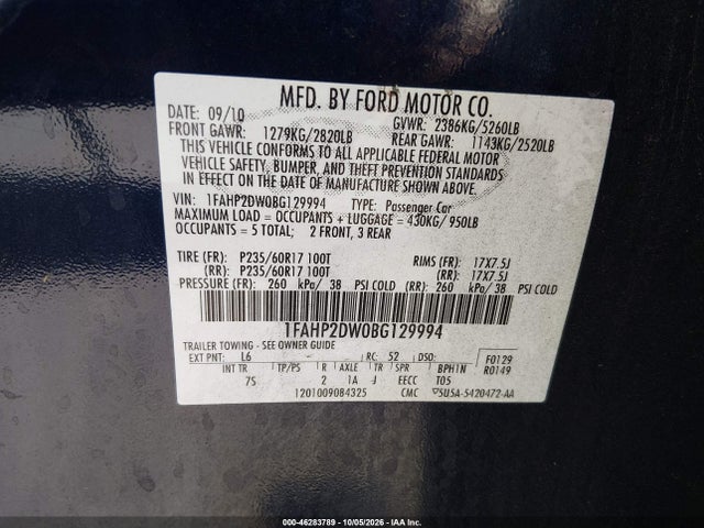 46283789 :رقم المزاد ، 1FAHP2DW0BG129994 vin ، 2011 Ford Taurus Se مزاد بيع