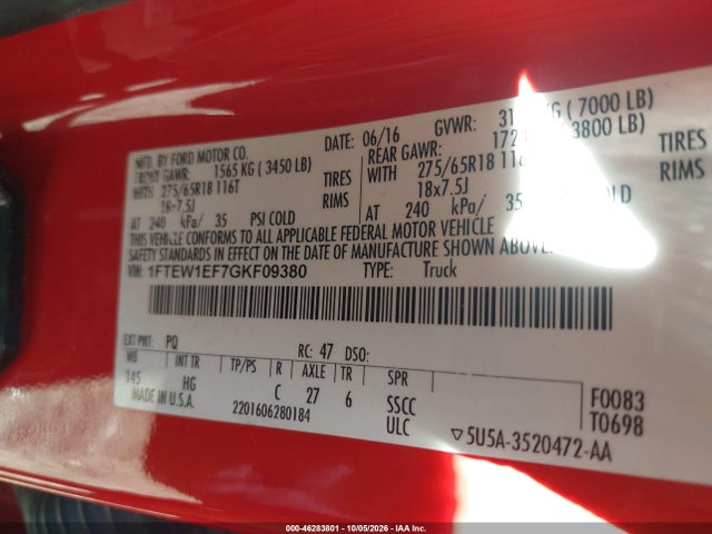 46283801 :رقم المزاد ، 1FTEW1EF7GKF09380 vin ، 2016 Ford F-150 Lariat مزاد بيع