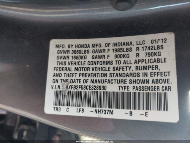 Продаж на аукціоні авто 2012 Honda Civic Lx, vin: 19XFB2F58CE328930, номер лоту: 46283820