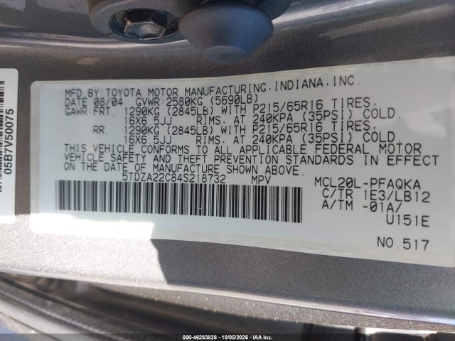 Aukcja sprzedaży 2004 Toyota Sienna Xle, vin: 5TDZA22C84S218732, numer aukcji: 46283828