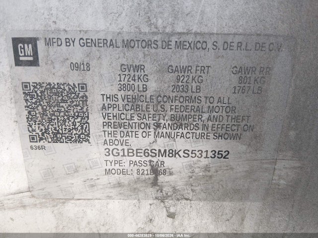 Продаж на аукціоні авто 2019 Chevrolet Cruze Lt, vin: 3G1BE6SM8KS531352, номер лоту: 46283829