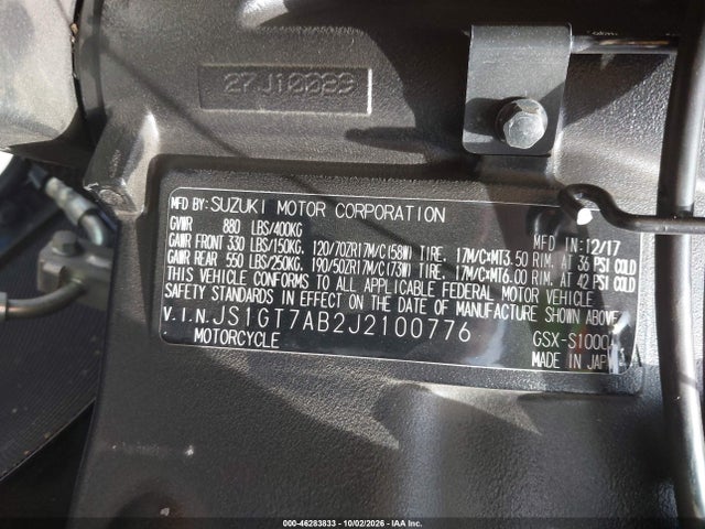 Продажа на аукционе авто 2018 Suzuki Gsx-s1000 A/z, vin: JS1GT7AB2J2100776, номер лота: 46283833
