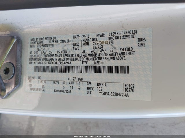 Продажа на аукционе авто 2013 Ford Escape Sel, vin: 1FMCU9HXXDUB13293, номер лота: 46283840