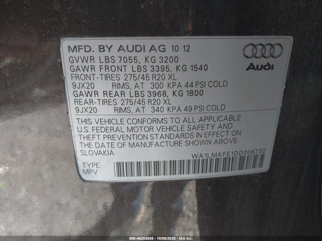 46283856 :رقم المزاد ، WA1LMAFE1DD006750 vin ، 2013 Audi Q7 3.0 Tdi Premium مزاد بيع