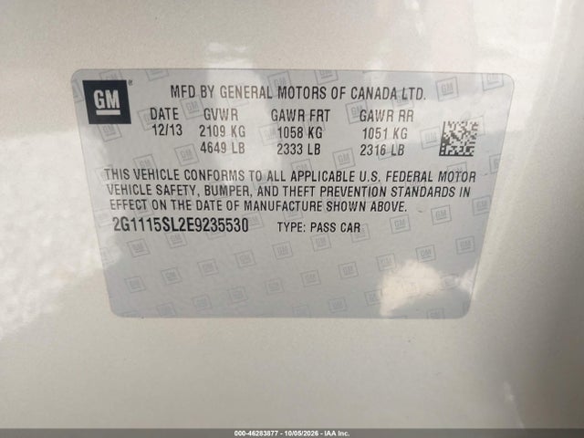 46283877 :رقم المزاد ، 2G1115SL2E9235530 vin ، 2014 Chevrolet Impala 1lt مزاد بيع