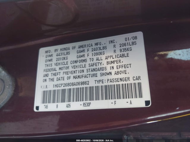 2008 Honda Accord 2.4 Ex-l მანქანა იყიდება აუქციონზე, vin: 1HGCP26808A069862, აუქციონის ნომერი: 46283902