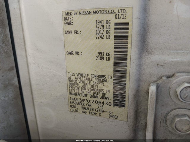 Aukcja sprzedaży 2012 Nissan Altima 2.5 S, vin: 1N4AL2AP7CC206430, numer aukcji: 46283905