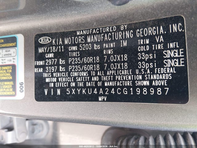 Продажа на аукционе авто 2012 Kia Sorento Ex V6, vin: 5XYKU4A24CG198987, номер лота: 46283912