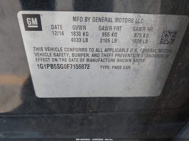 Продажа на аукционе авто 2015 Chevrolet Cruze Ls Manual, vin: 1G1PB5SG0F7156872, номер лота: 46283922