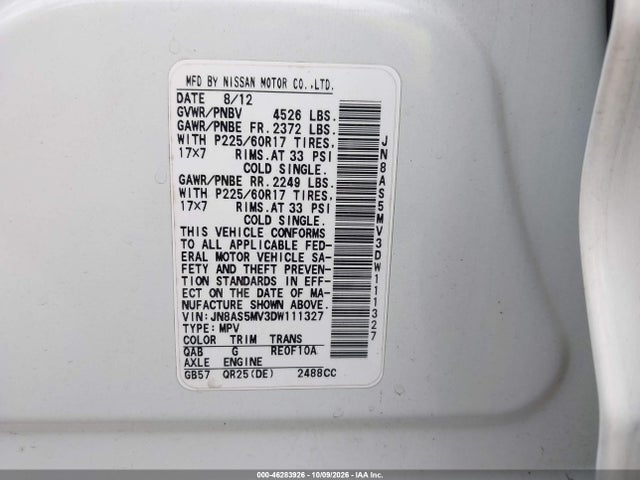 Aukcja sprzedaży 2013 Nissan Rogue Sv, vin: JN8AS5MV3DW111327, numer aukcji: 46283926