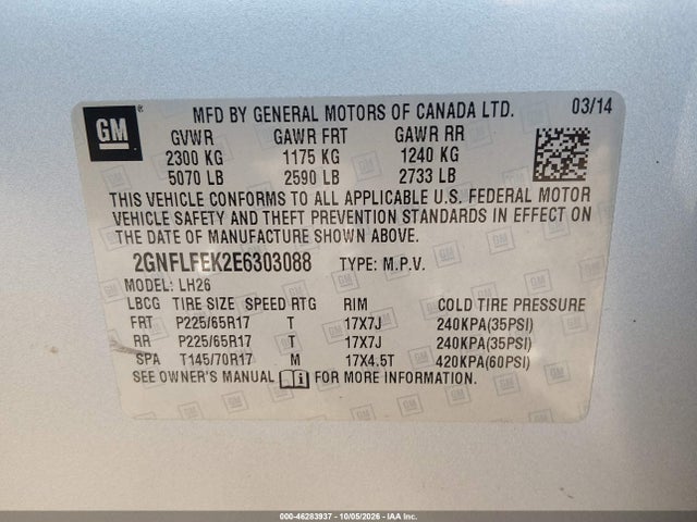46283937 :رقم المزاد ، 2GNFLFEK2E6303088 vin ، 2014 Chevrolet Equinox 1lt مزاد بيع