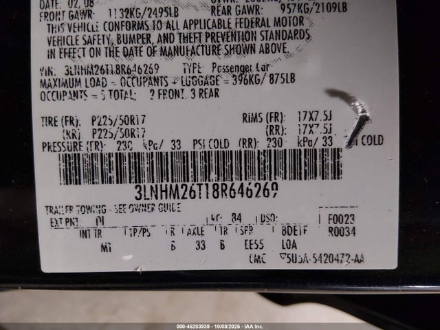 Продажа на аукционе авто 2008 Lincoln Mkz, vin: 3LNHM26T18R646269, номер лота: 46283939