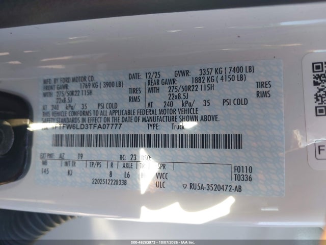 Продаж на аукціоні авто 2026 Ford F-150 King Ranch, vin: 1FTFW6LD3TFA07777, номер лоту: 46283973