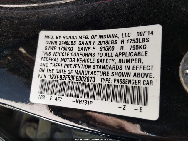 Aukcja sprzedaży 2015 Honda Civic Lx, vin: 19XFB2F53FE002070, numer aukcji: 46283998