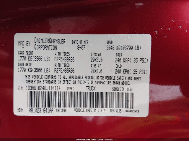 2008 Dodge Ram 1500 Laramie მანქანა იყიდება აუქციონზე, vin: 1D3HU18248J110114, აუქციონის ნომერი: 46283999