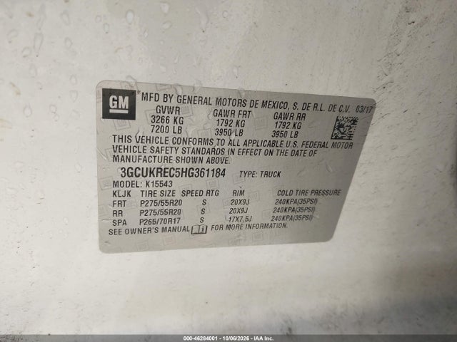 46284001 :رقم المزاد ، 3GCUKREC5HG361184 vin ، 2017 Chevrolet Silverado 1500 1lt مزاد بيع