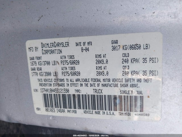 Продаж на аукціоні авто 2005 Dodge Ram 1500 Slt/laramie, vin: 1D7HA18N45S121590, номер лоту: 46284002