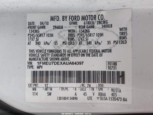 Aukcja sprzedaży 2010 Ford Explorer Xlt, vin: 1FMEU7DEXAUA64397, numer aukcji: 46284012