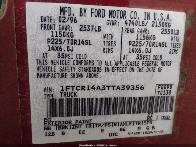 Продаж на аукціоні авто 1996 Ford Ranger Super Cab, vin: 1FTCR14A3TTA39356, номер лоту: 46284034