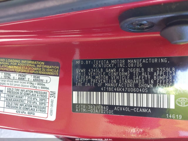 2007 Toyota Camry Le მანქანა იყიდება აუქციონზე, vin: 4T1BE46K47U060405, აუქციონის ნომერი: 46284041