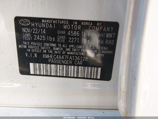 2015 Hyundai Sonata Hybrid Limited მანქანა იყიდება აუქციონზე, vin: KMHEC4A47FA136128, აუქციონის ნომერი: 46284045