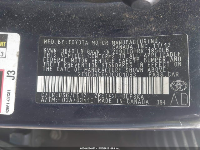 2013 Toyota Corolla S მანქანა იყიდება აუქციონზე, vin: 2T1BU4EEXDC001063, აუქციონის ნომერი: 46284055